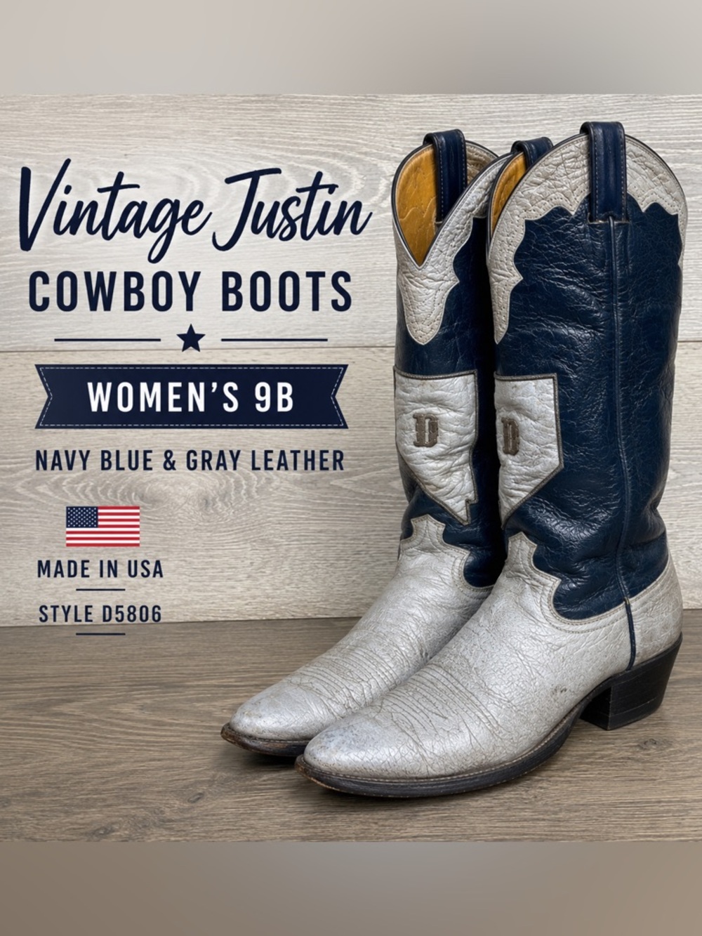 Vintage Justin Cowboy Boots Women’s 9B Navy and Gray Leather Western Boots D5806